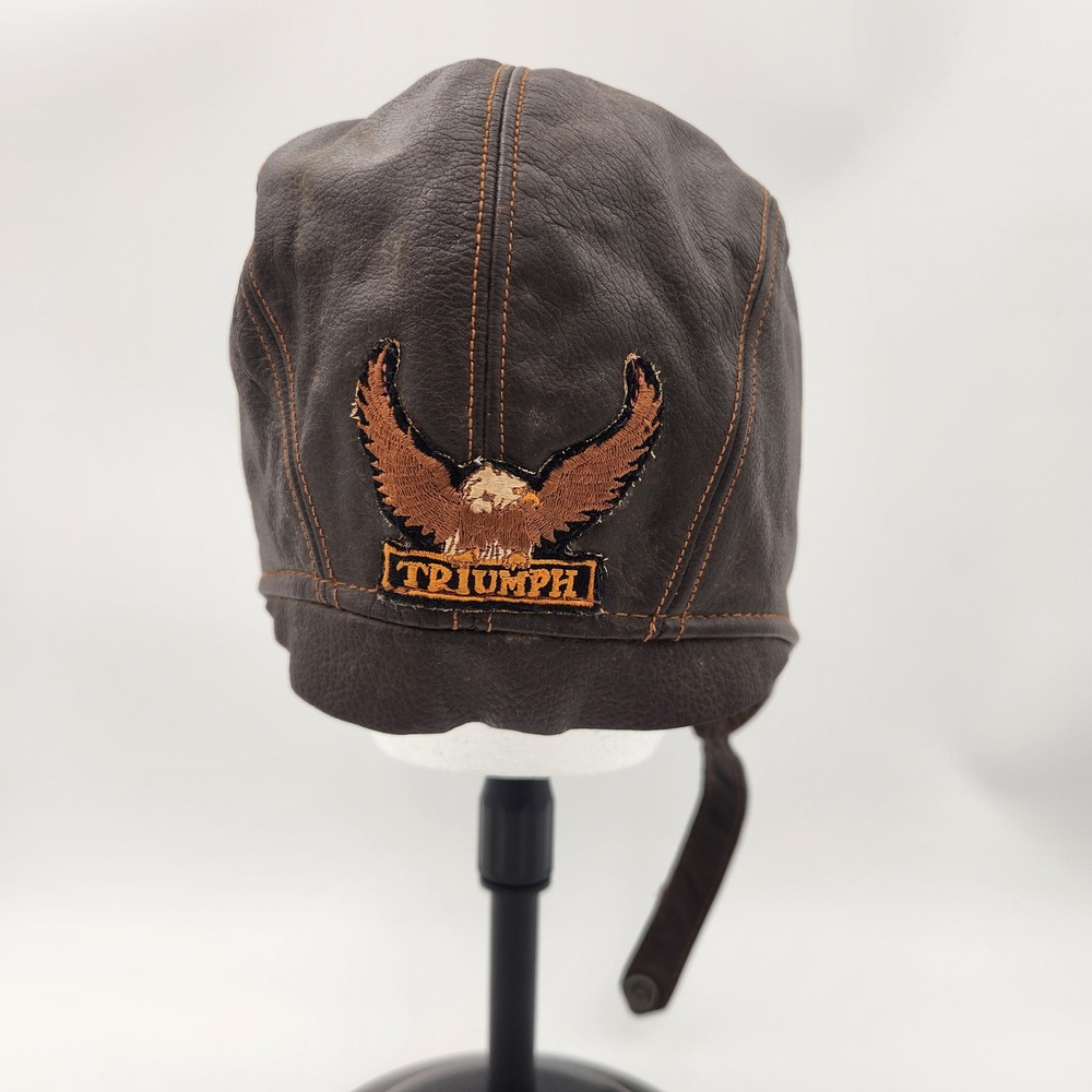 Triumph Brown Leather Aviator Flight Cap Biker Helmet Eagle Patch Adjustable